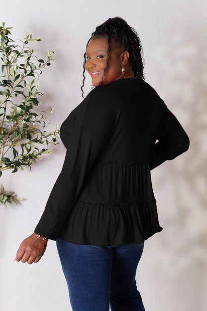 Double Take Half Button Long Sleeve Ruffle Hem Blouse - Munsieur
