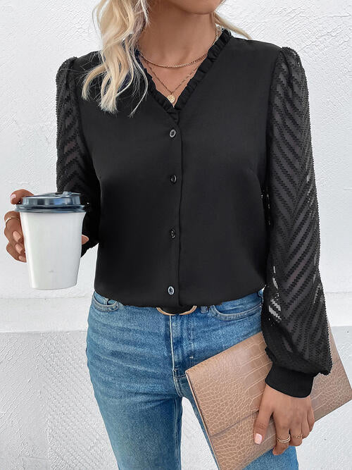 Perfee Mesh V-Neck Button Front Blouse - Munsieur