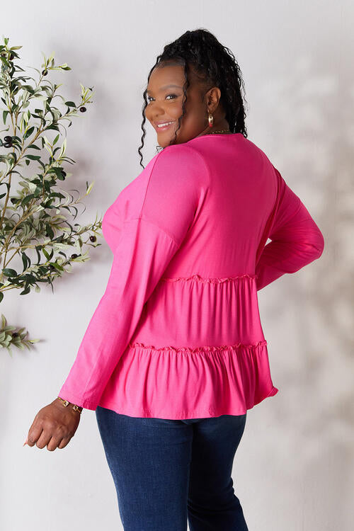 Double Take Half Button Long Sleeve Ruffle Hem Blouse - Munsieur