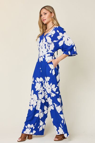 Double Take Full Size Printed Tie Back Wide Leg Jumpsuit - Munsieur