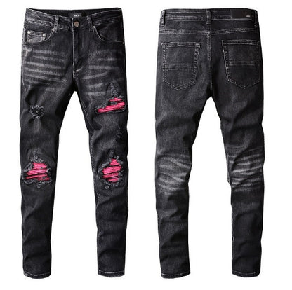 Men's New American High Street Hole Patch Pants Slim Fit Skinny