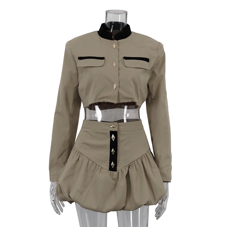 Stand-up Collar Long Sleeve Skirt Two-piece Set - Munsieur