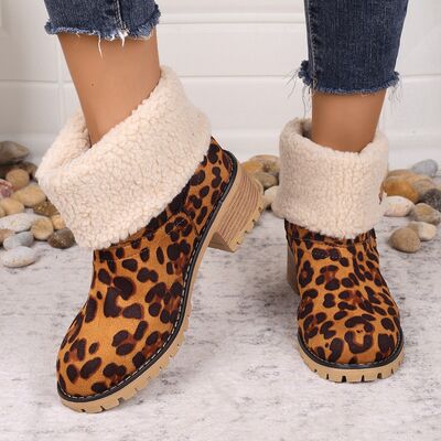 Leopard Block Heel Fuzzy Boots - Munsieur