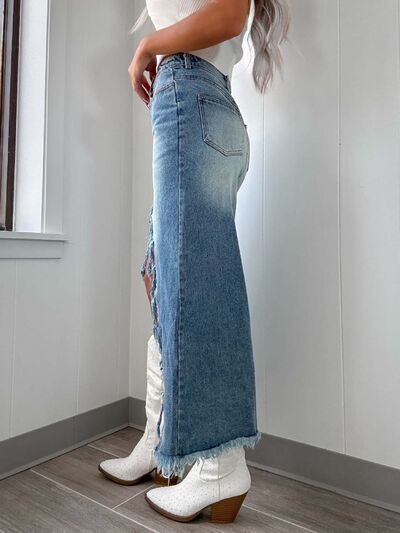 High-Waist Raw Hem Asymmetry Denim Skirt - Munsieur