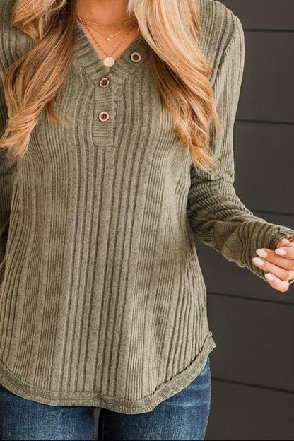 Ribbed Buttoned Long Sleeve Blouse - Munsieur
