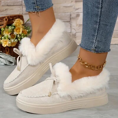 Bow Furry Round Toe Flat Slip-Ons - Munsieur