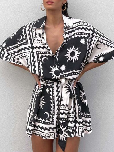 Printed Tie Waist Half Sleeve Romper - Munsieur