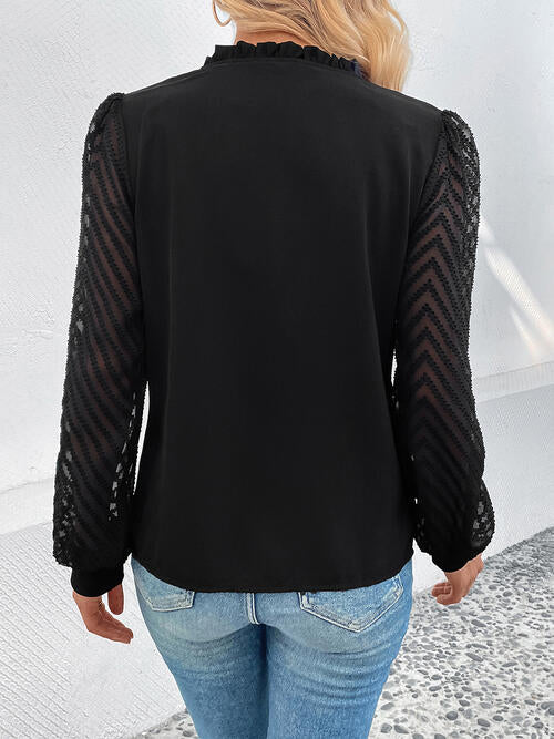 Perfee Mesh V-Neck Button Front Blouse - Munsieur