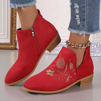 Embroidered Suede Point Toe Block Heel Boots - Munsieur