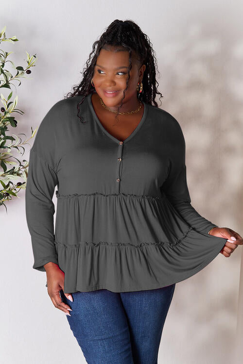 Double Take Half Button Long Sleeve Ruffle Hem Blouse - Munsieur