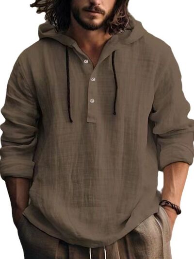 Men's Full Size Half Button Long Sleeve Hoodie - Munsieur