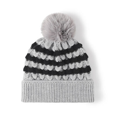Striped Contrast Knit Hat with Pom-pom - Munsieur