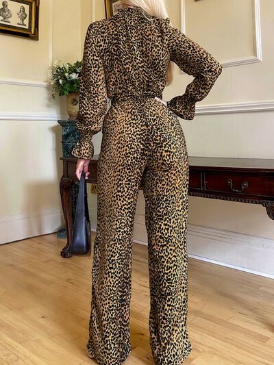 Leopard Flounce Sleeve Wide Leg Jumpsuit - Munsieur