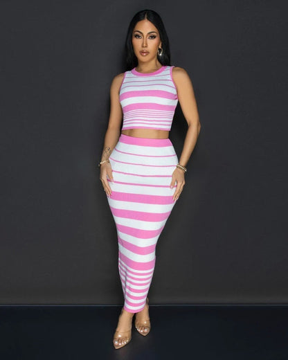Women's Cute Hip Skirt Set Striped Maxi