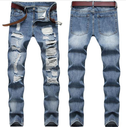 Men's Classic Blue Pants With Patched Holes