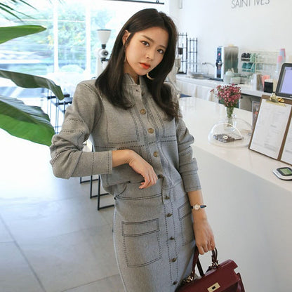Color Stitching Knitted Cardigan Sheath Skirt Two-piece Set For Women - Munsieur