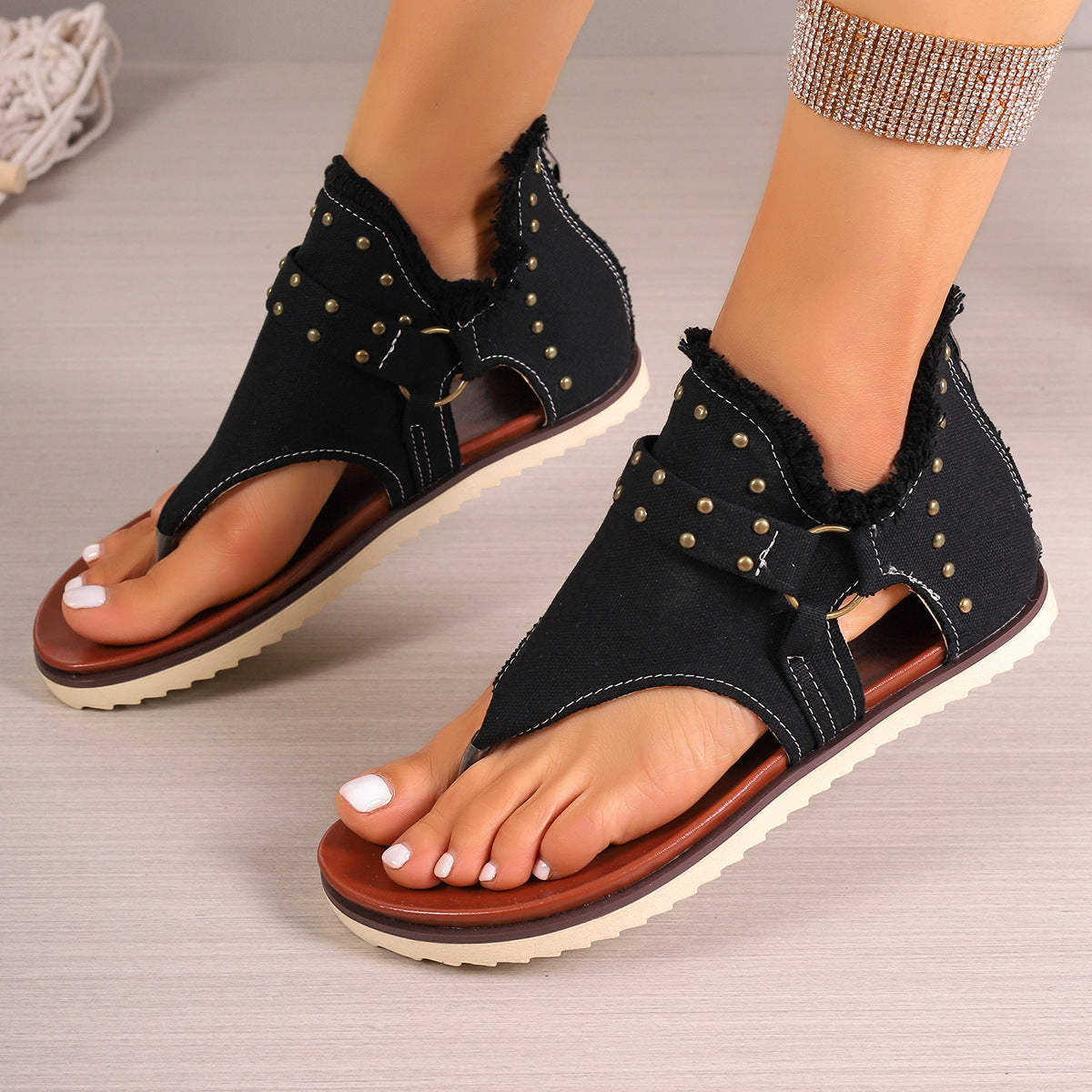 Women's Denim Sandals With Rear Zipper Summer Retro Beach Flats