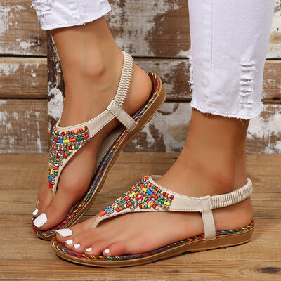 PU Leather Beaded Flat Sandals - Munsieur