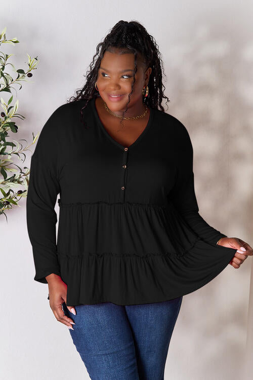 Double Take Half Button Long Sleeve Ruffle Hem Blouse - Munsieur