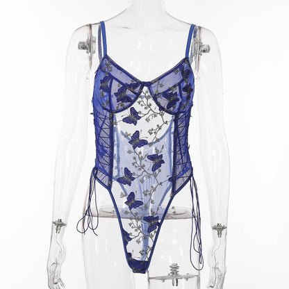 Lingerie Classic Embroidered Mesh Lace up Bodysuit