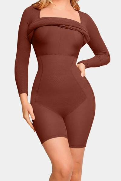 Full Size Built-In Shapewear Square Neck Long Sleeve Dress - Munsieur