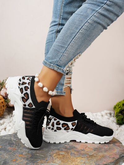 Cutout Leopard Lace Up Mesh Athletic - Munsieur