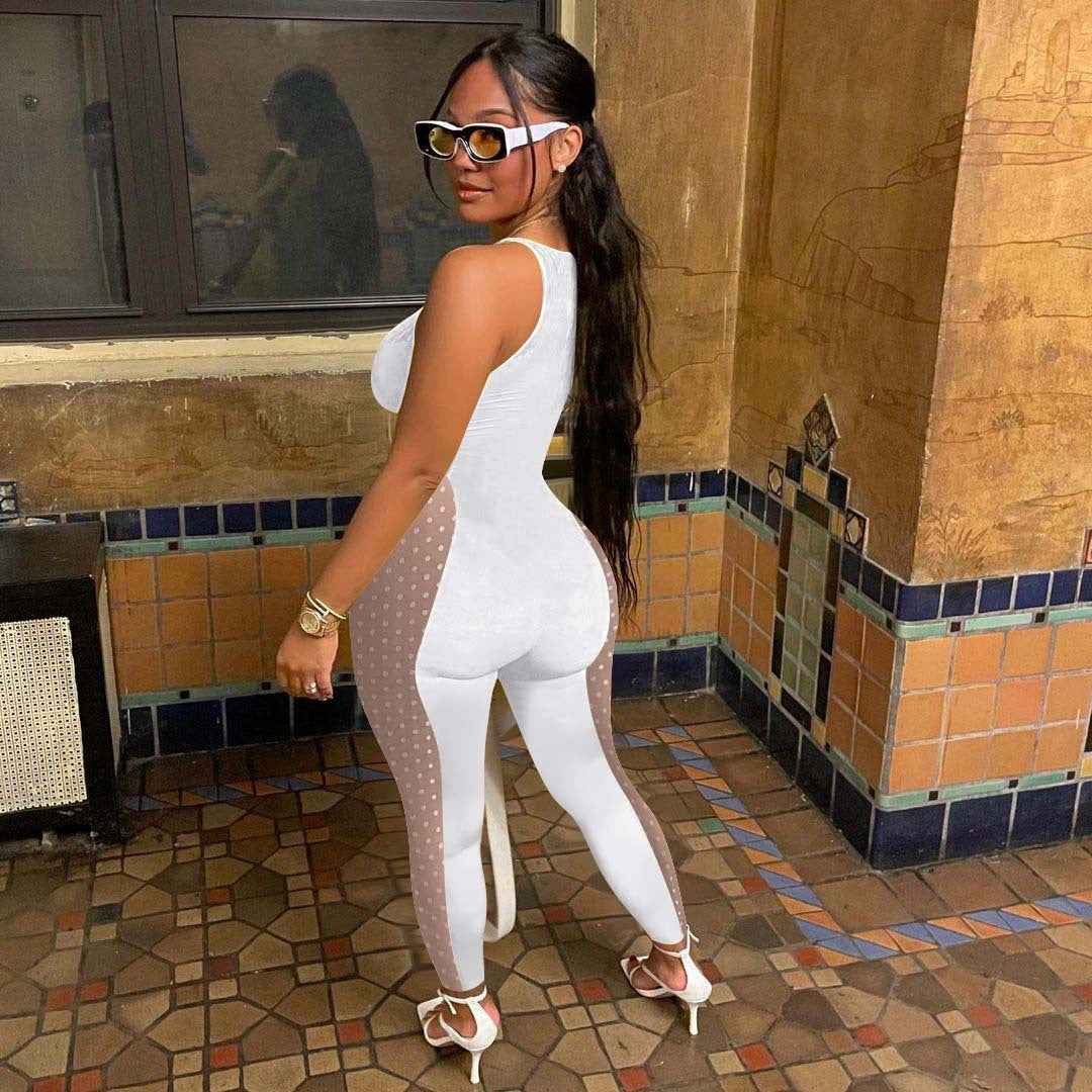 Mesh Milk Stitching Jumpsuit
