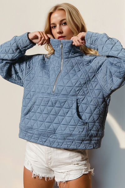 Double Take Half Zip Long Sleeve Quilted Sweatshirt with Pocket - Munsieur