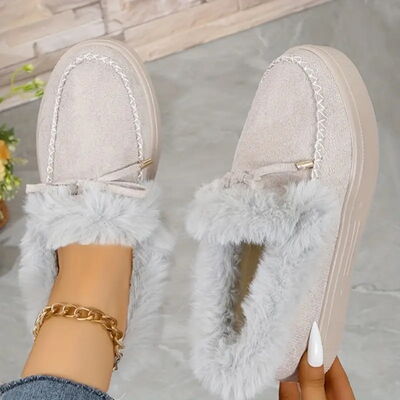 Bow Furry Round Toe Flat Slip-Ons - Munsieur