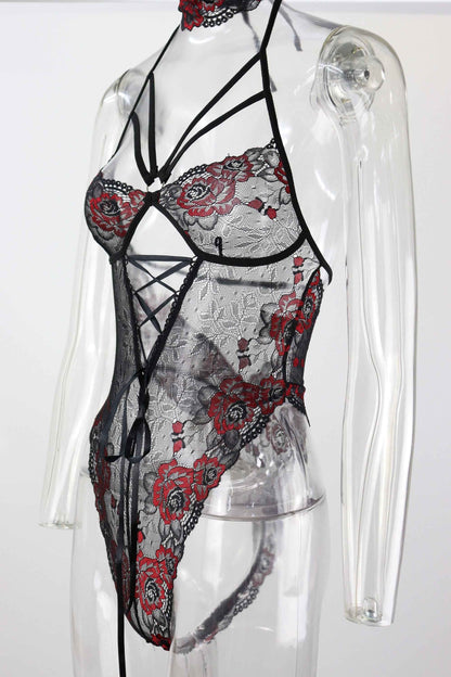 Lace Embroidery Transparent Lingerie Two-Piece