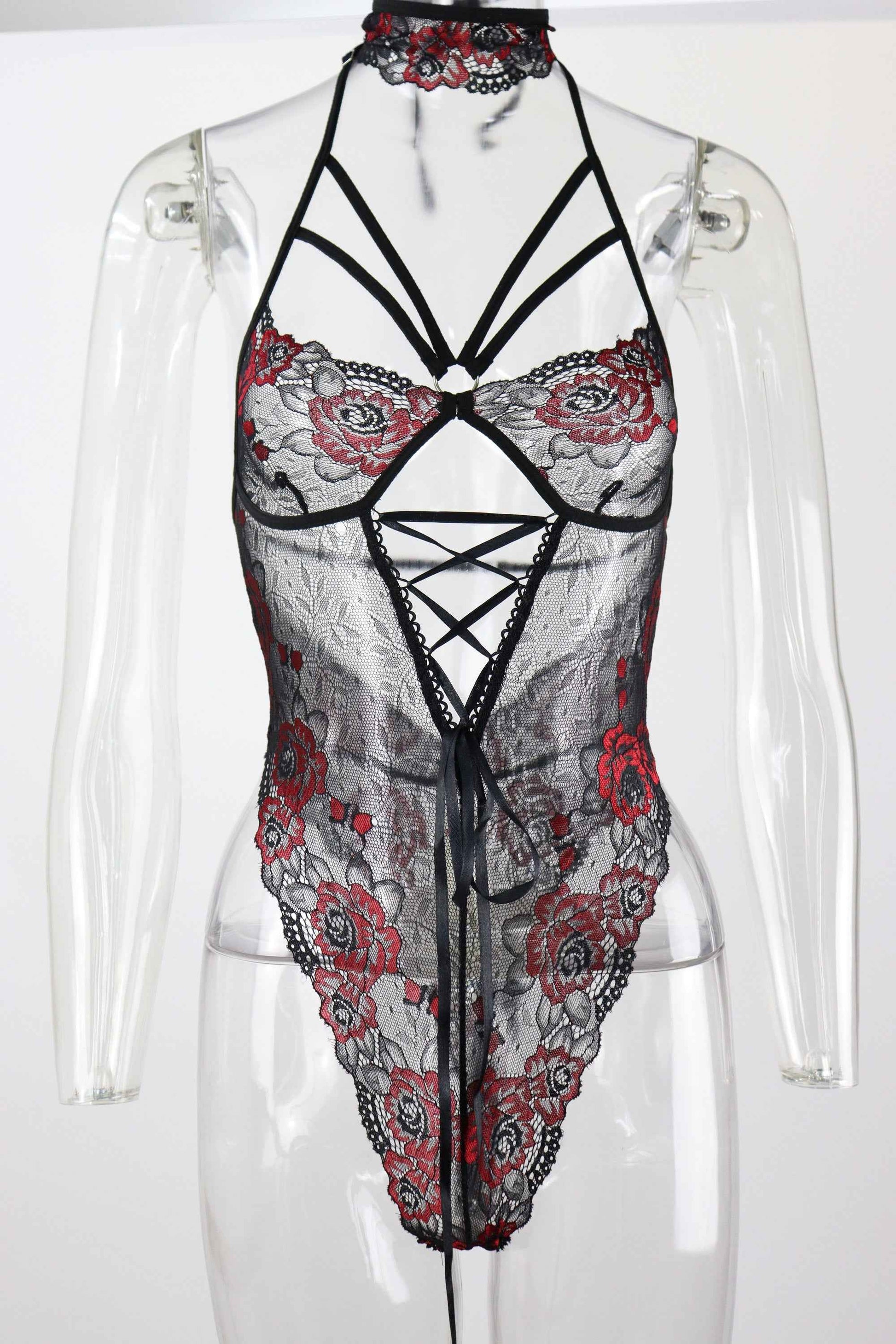 Lace Embroidery Transparent Lingerie Two-Piece