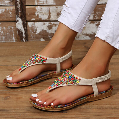 PU Leather Beaded Flat Sandals - Munsieur
