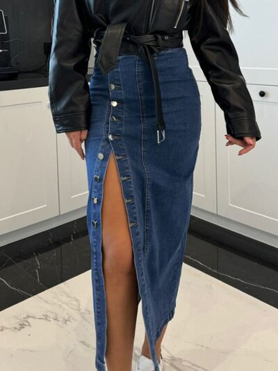 Front Button Slit Midi Denim Skirt - Munsieur