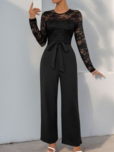 Perfee Lace Round Neck Long Sleeve Jumpsuit - Munsieur