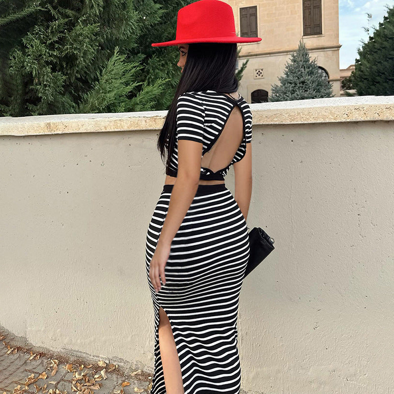 Women's Skirt Set Sunken Stripe Casual Striped Backless Top Slim-fit Skirt Set