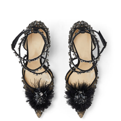 Nude Lace Rhinestone Floral Pumps Heels for Women