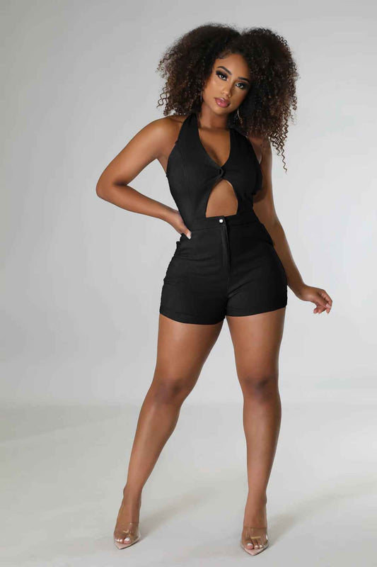 Solid Color High Waist Sexy Hollow Out Cutout Sleeveless Lace-up Romper