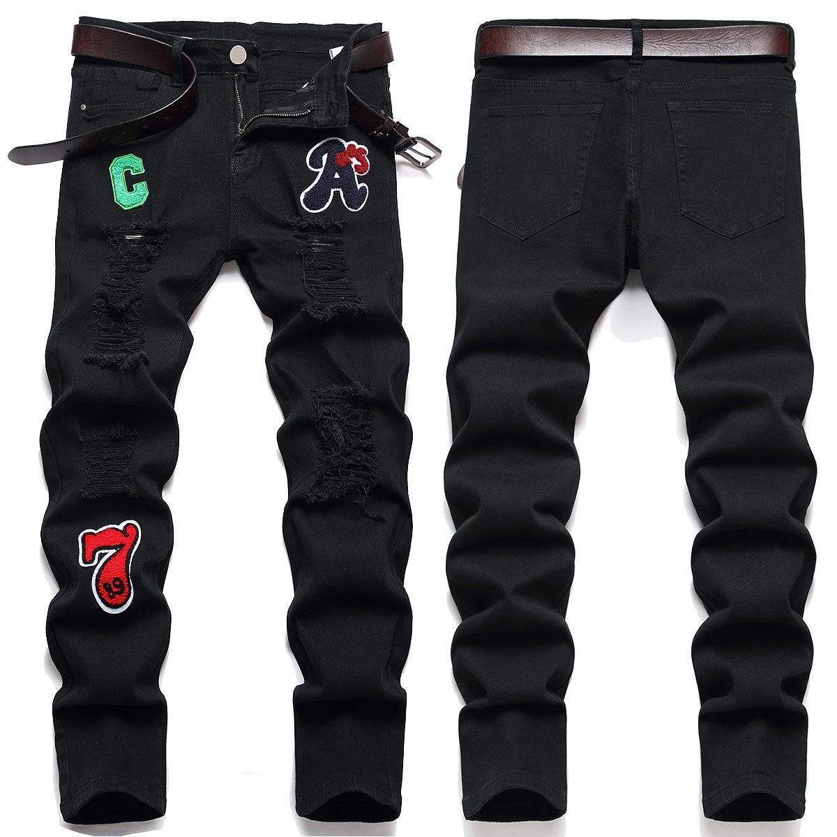 Men's Black Designer Patched Pants High Quality Fabric Slim-fitting