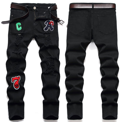 Men's Black Designer Patched Pants High Quality Fabric Slim-fitting