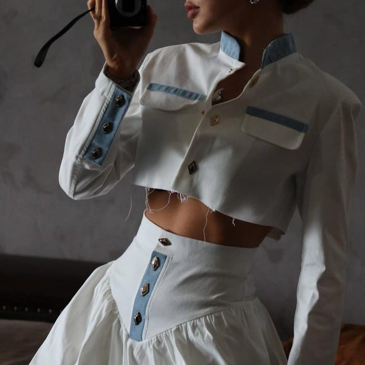 Stand-up Collar Long Sleeve Skirt Two-piece Set - Munsieur