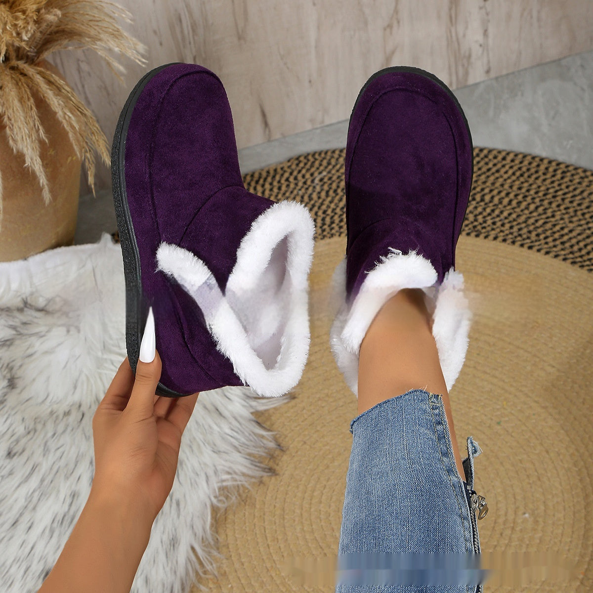 Insulated Cotton-padded booties Large Size boots Solid Color Fleece Lined Padded