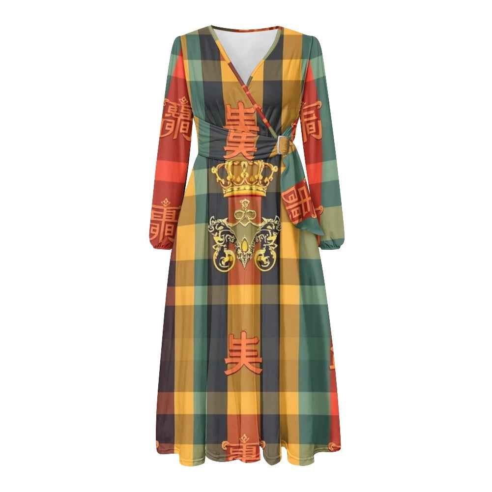 V-Neck Long Sleeve Tie Waist Midi Dress