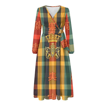 V-Neck Long Sleeve Tie Waist Midi Dress