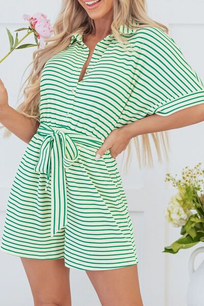 Striped Half Sleeve Tie Waist Romper - Munsieur