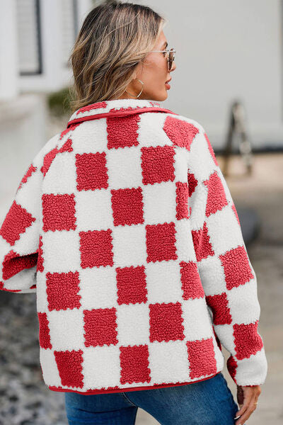 Checkered Snap Down Long Sleeve Teddy Jacket - Munsieur