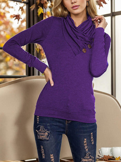Shiny Buttoned Mock Neck Long Sleeve Blouse - Munsieur