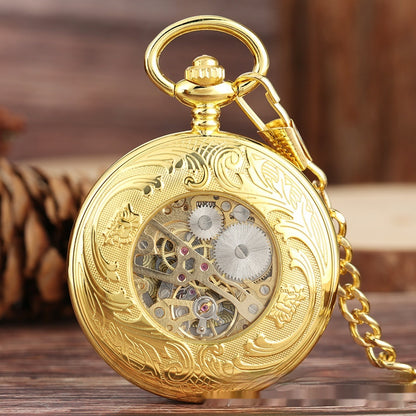 Gold Double-sided Carved Shield Manual Manipulator Pocket Watch