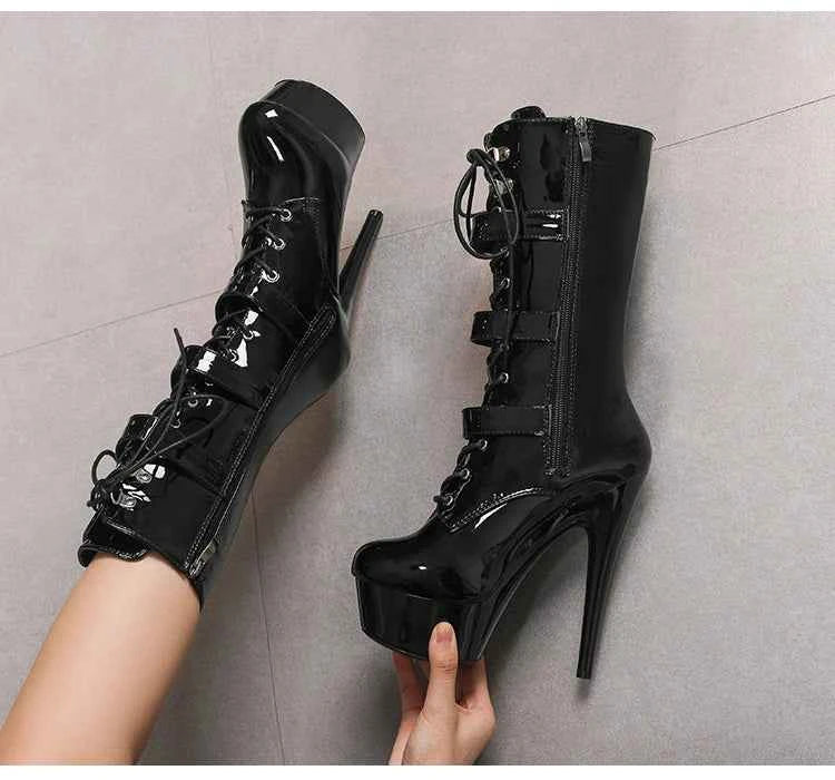 20cm/8Inchs Thin Heels Ankle Boots Platforms Women Shoes Belt Buckle Punk Woman Crossdresser Boots Nightclub Pole Dance Shoes