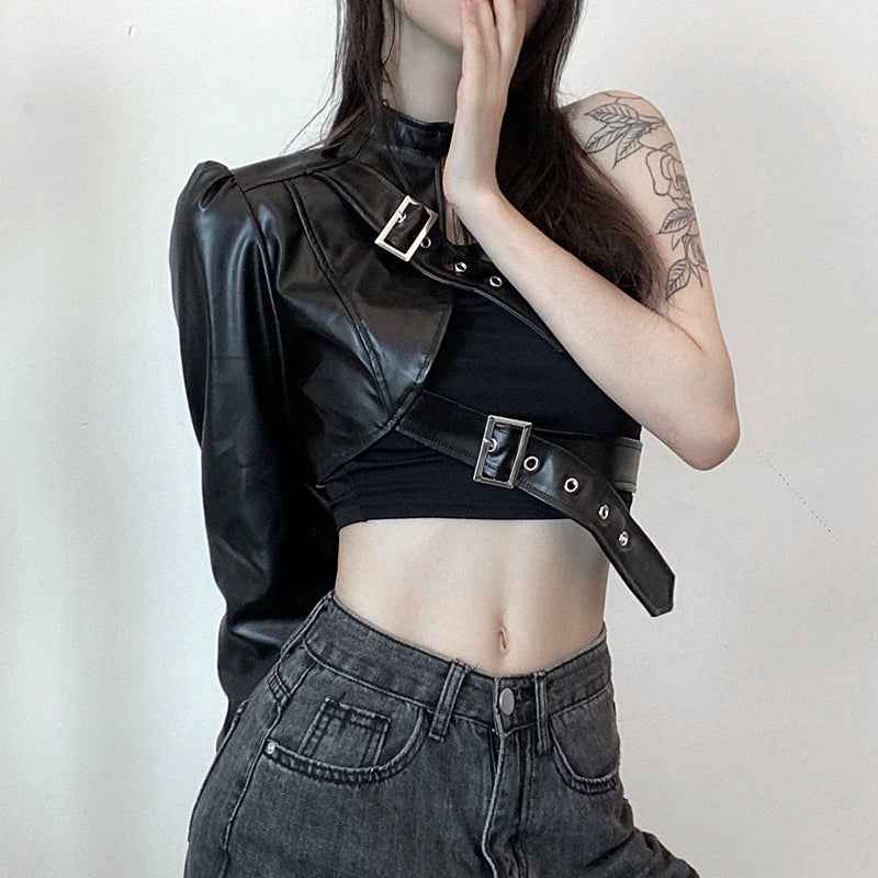 Women Fashion Punk Style Crop Tops Cool Single Long Sleeve Neck Hanger Leather Belt Connected Tops Streetwear Jackets
