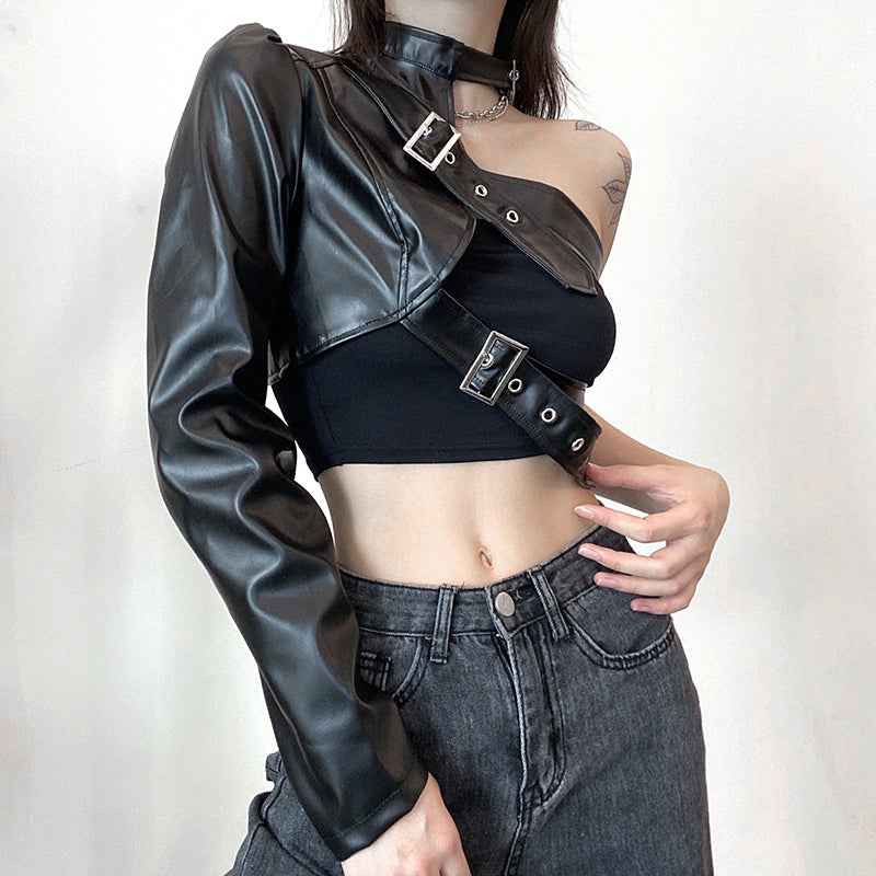 Women Fashion Punk Style Crop Tops Cool Single Long Sleeve Neck Hanger Leather Belt Connected Tops Streetwear Jackets
